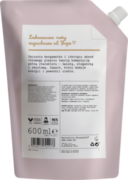Tył różowego opakowania Yope 600ml z luksusowymi nutami bergamotki i różowego pieprzu, widok pod kątem.