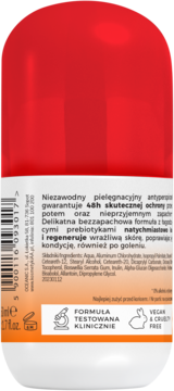 Tył czerwono-białego antyperspirantu AA Help, widoczny kod kreskowy, opis 48h ochrony i loga testowania.
