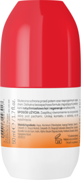 Tył antyperspirantu AA Help roll-on 50ml dla wrażliwej skóry. Biało-czerwone opakowanie z opisem działania.