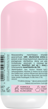 Antyperspirant AA Aloes Pink roll-on, tył różowo-niebieskiego opakowania z opisem, wegański.