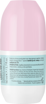 Różowo-biały antyperspirant roll-on AA Aloes Pink, tył opakowania z etykietą i składnikami.