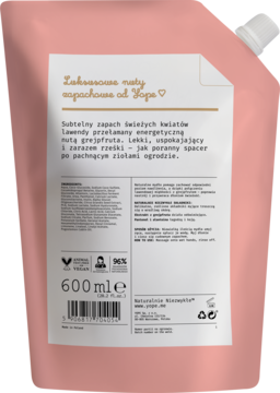 Różowy zapas płynu Yope, tył opakowania z etykietą o zapachu lawendy i grejpfruta, pojemność 600ml.