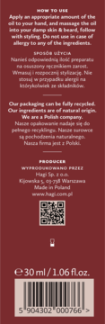 Tył bordowej butelki naturalnego olejku do brody Hagi, z opisem użycia, QR kodem i kodem kreskowym.