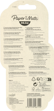 Tył opakowania długopisu Paper Mate InkJoy z informacjami o produkcie, kodem kreskowym i symbolami recyklingu.