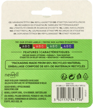 Tył zielono-białego opakowania taśmy Dymo 3D z napisem "PACKAGING MADE FROM 65% RECYCLED MATERIAL" i kodem kreskowym.