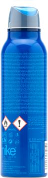 Niebieski dezodorant Nike Viralblue w sprayu, widok od tyłu z etykietami, symbolami zagrożeń i 200ml.