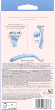 Tył opakowania Gillette Venus Satin Care maszynki do golenia okolic intymnych z paskiem chroniącym przed podrażnieniami.