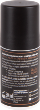 Tył czarnego opakowania mineralnego dezodorantu Arganove Classic Musk 50ml z ałunem.
