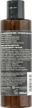 Tył brązowej butelki szamponu 2w1 dla mężczyzn do brody i włosów, z białymi napisami o składzie i użyciu.