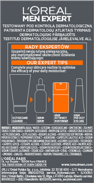 Tył opakowania L'Oréal Men Expert z poradami pielęgnacyjnymi i pełną listą składników dla mężczyzn.