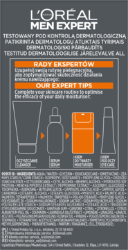 L'Oréal Men Expert krem nawilżający z kwasem hialuronowym, tył opakowania z poradami i składnikami.