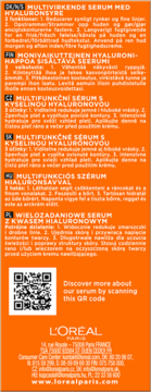 Tył pomarańczowego opakowania serum L'Oréal Paris z kwasem hialuronowym, widoczne opisy i QR kod.