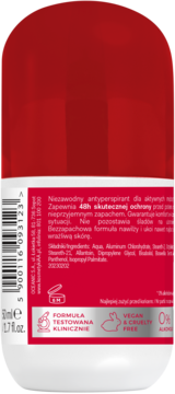 Tył czerwono-białego antyperspirantu AA Men Active Care, z widocznym tekstem o 48h ochronie, składzie i ikonami wegańskimi.