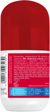 Widok z tyłu biało-czerwonego roll-onu AA Men Active Care Fresh z listą składników i opisem.
