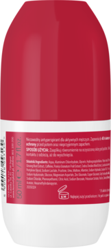AA Men Active Care fresh 50ml, tył roll-onu. Biało-czerwony z opisem dla aktywnych mężczyzn, 48h ochrony, składnikami.