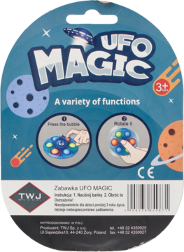 Tył opakowania zabawki UFO MAGIC z instrukcjami, logo CE oraz danymi producenta TWJ. Na niebieskim tle kosmosu.