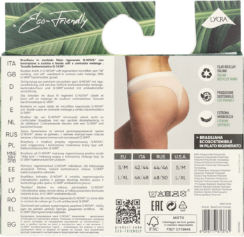 Tył opakowania beżowych brazylianów z przędzy Q-NOVA, z modelem noszącym figi i ikonami ekologicznymi.