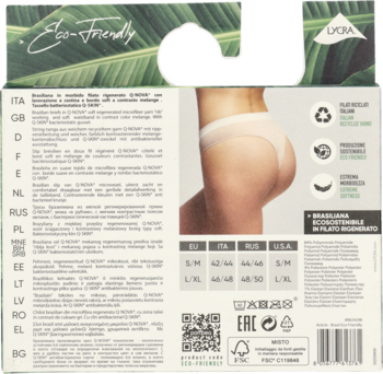 Tył opakowania brazylianów z przędzy Q-NOVA, ze zdjęciem modelki w figach, tabelą rozmiarów i opisem produktu.