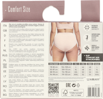 Tył opakowania bezszwowych Figi Curvy Comfort Size z mikrofibry, z modelem i tabelą rozmiarów.
