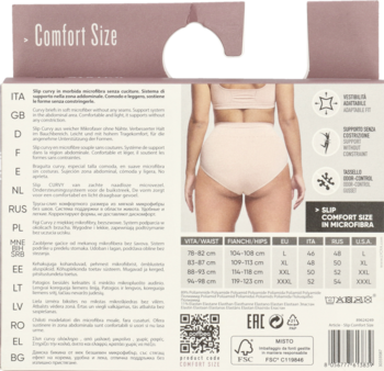 Tył opakowania Fig Curvy, bezszwowe figi z mikrofibry Comfort Size, widoczny model i tabela rozmiarów.