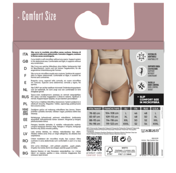Tył opakowania beżowych, bezszwowych fig modelujących Curvy z mikrofibry, z modelką i tabelą rozmiarów.