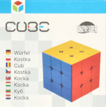 Kartonowe opakowanie kostki logicznej MoYu 3x3x3, z sześcianem w żywych barwach i logiem Dromader.