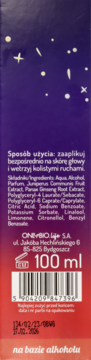 Tył opakowania Onlybio wcierki booster 100 ml, na bazie alkoholu, na purpurowo-czerwonym tle.
