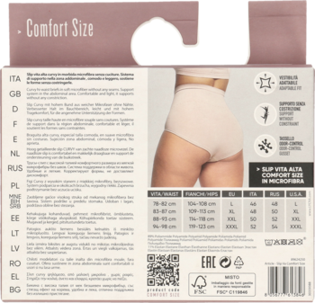 Tylne opakowanie beżowych bezszwowych fig Curvy z mikrofibry, z modelką i tabelą rozmiarów.