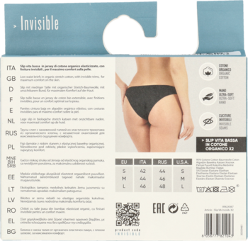 Tył opakowania fig damskich "Invisible" z organicznej bawełny, z modelką i tabelą rozmiarów.