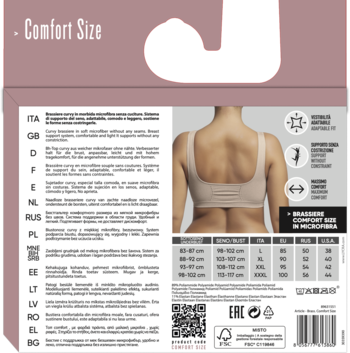 Tył opakowania bezszwowego biustonosza Pompea Comfort Size XXL. Pokazana modelka w beżowym staniku, tabela rozmiarów.