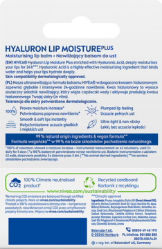 Tył opakowania balsamu NIVEA Hyaluron Lip Moisture Plus; niebiesko-biała etykieta z tekstami o nawilżeniu.