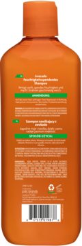 Tył pomarańczowej butelki szamponu Cantu Avocado do włosów kręconych, z tekstem, składem i kodem.