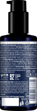Tył ciemnoniebieskiej butelki Gliss Repair Night Elixir, 100 ml. Widoczna etykieta ze składem i certyfikatem PETA.