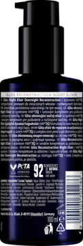 Tył ciemnej butelki Gliss Reconstruction Night Elixir 100ml z pompką, widoczne info o składzie i PETA Approved.