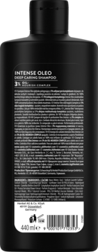 Tył czarnego szamponu Syoss Intense Oleo. Widoczne szczegóły etykiety: skład, 3% Oil-Nourish-Complex.