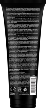 Tył czarnej tubki odżywki Syoss Intense Oleo 250 ml, z białym tekstem i opisem na suche, matowe włosy.