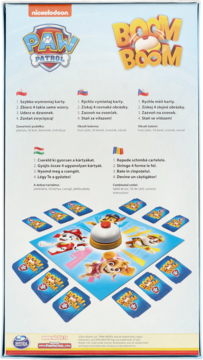 Tył pudełka gry Paw Patrol Boom Boom z instrukcjami w 5 językach i obrazem planszy, kart i dzwonka.