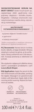 Tył opakowania serum do biustu Luxury Boob Shaper 100ml, różowa etykieta z polskim opisem działania.