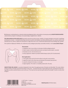 Tył opakowania More 4 Care Luxury Boob Shaper, różowo-złota żelowa maska z instrukcjami i grafiką.