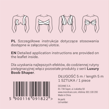 Luxury Boobs Shaper, modelująca taśma do biustu 5m, tył z instrukcjami aplikacji i kodem kreskowym.