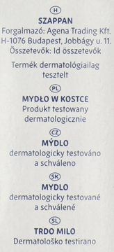 Tył opakowania mydła z tekstami po węgiersku, polsku, czesku, słowacku i słoweńsku, info o testach dermatologicznych.