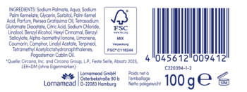 Tył opakowania mydła CD Awokado 100g z widoczną listą składników, certyfikatem FSC, kodem kreskowym i wagą.
