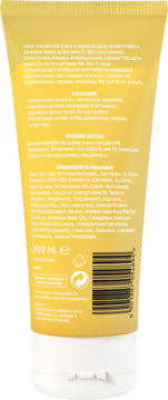 Tył żółtej tubki balsamu do ciała Ziaja Naturalnie Nawilżamy, widoczne informacje o składzie i użyciu, 200 ml.