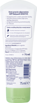 Tył białej tubki kremu HIPP Babysanft SENSITIVE 75ml przeciw odparzeniom dla dzieci, ze składem i kodem.