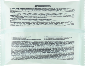 Tył białego opakowania chusteczek do demakijażu 5w1 z instrukcjami i składem. Usuwają wodoodporny makijaż.