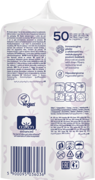 Tył opakowania Kindii Linen Care, 50 hipoalergicznych płatków kosmetycznych z lnem, logo Vegan i bawełny.