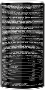 Ciemne opakowanie Proteinowego Musli One Day More, widok boczny z etykietą i tabelą wartości odżywczych.