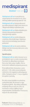 Panel z informacjami o Medispirant bloker roll-on: niebieski nagłówek, opis działania, składu i stosowania.