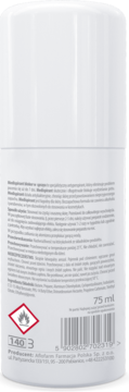 Tył białego sprayu Medispirant bloker 75ml, z etykietą w języku polskim, kodem kreskowym i symbolem płomienia.