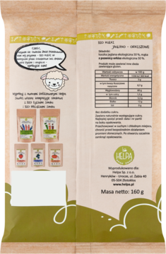 Tył brązowego opakowania BIO Kulki Jaglano-Orkiszowe HELPA, płatków śniadaniowych 160g, z tabelą odżywczą.